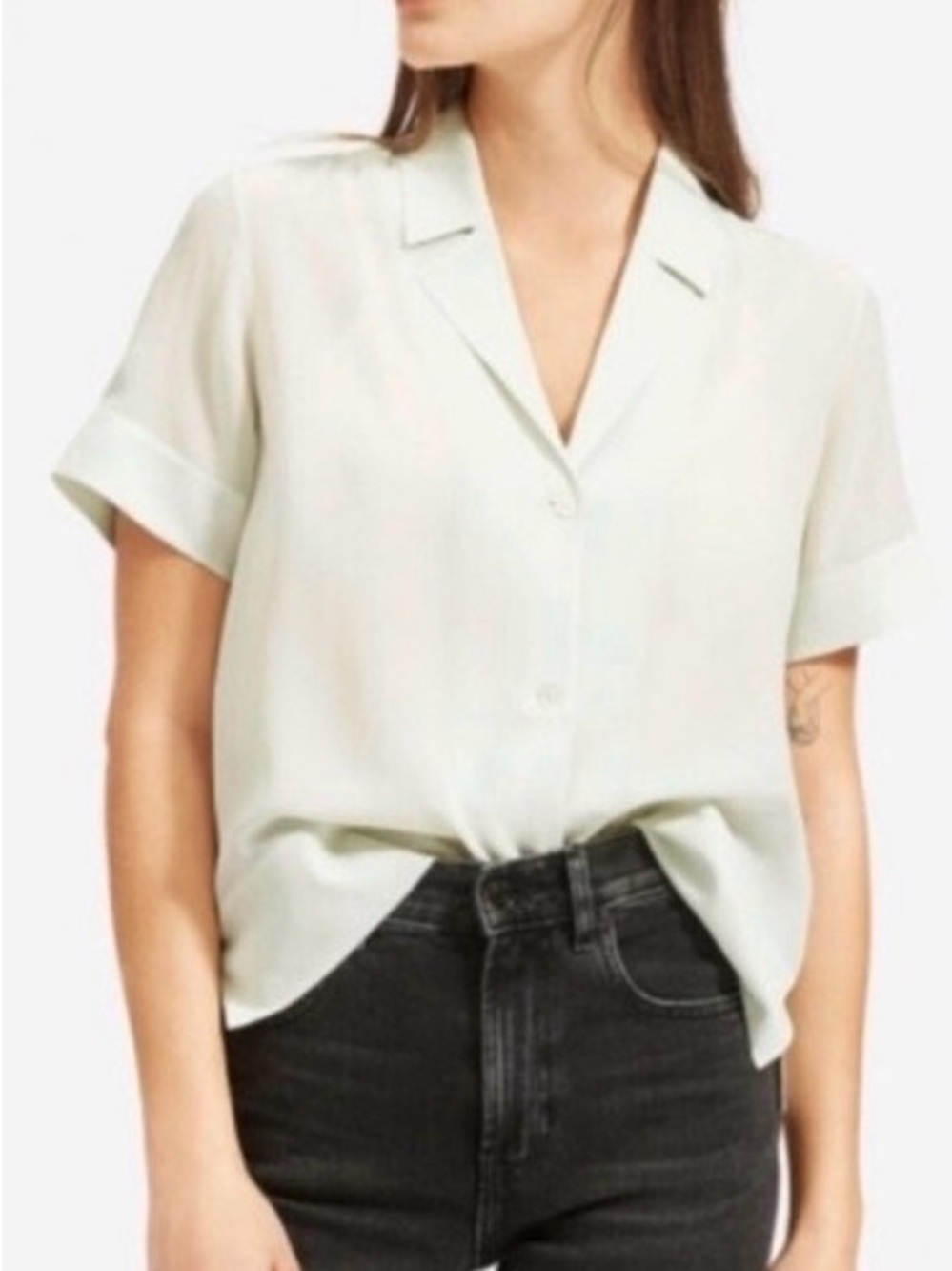 Everlane The Clean Silk Sz 6 Button Down Notch Shirt Top Blouse Pale Mint Sheer